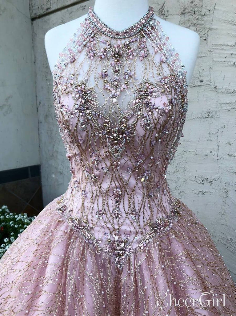 Halter Sparkly Prom Dresses Rhinestone Beaded Pink Quinceanera Dress ARD1964-SheerGirl