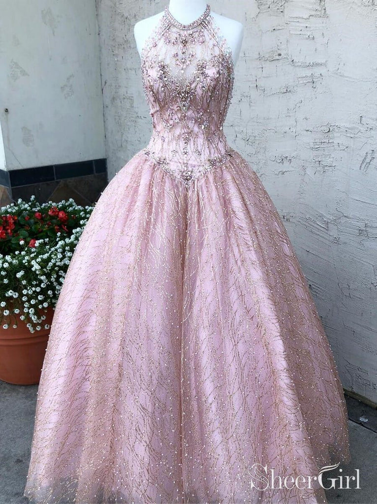 Halter Sparkly Prom Dresses Rhinestone Beaded Pink Quinceanera Dress ARD1964-SheerGirl