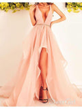 High Low Blush Pink Prom Dresses Deep V Neck Organza Beaded Prom Dress 2019 ard1776-SheerGirl