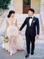 High-Low Champagne Appliqued Wedding Gowns Deep V Neck Grace Wedding Dresses AWD1628