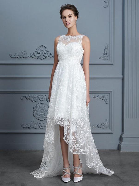 High Low Lace Wedding Dresses See Through Floral Ivory Beach Wedding Dresses  – SheerGirl