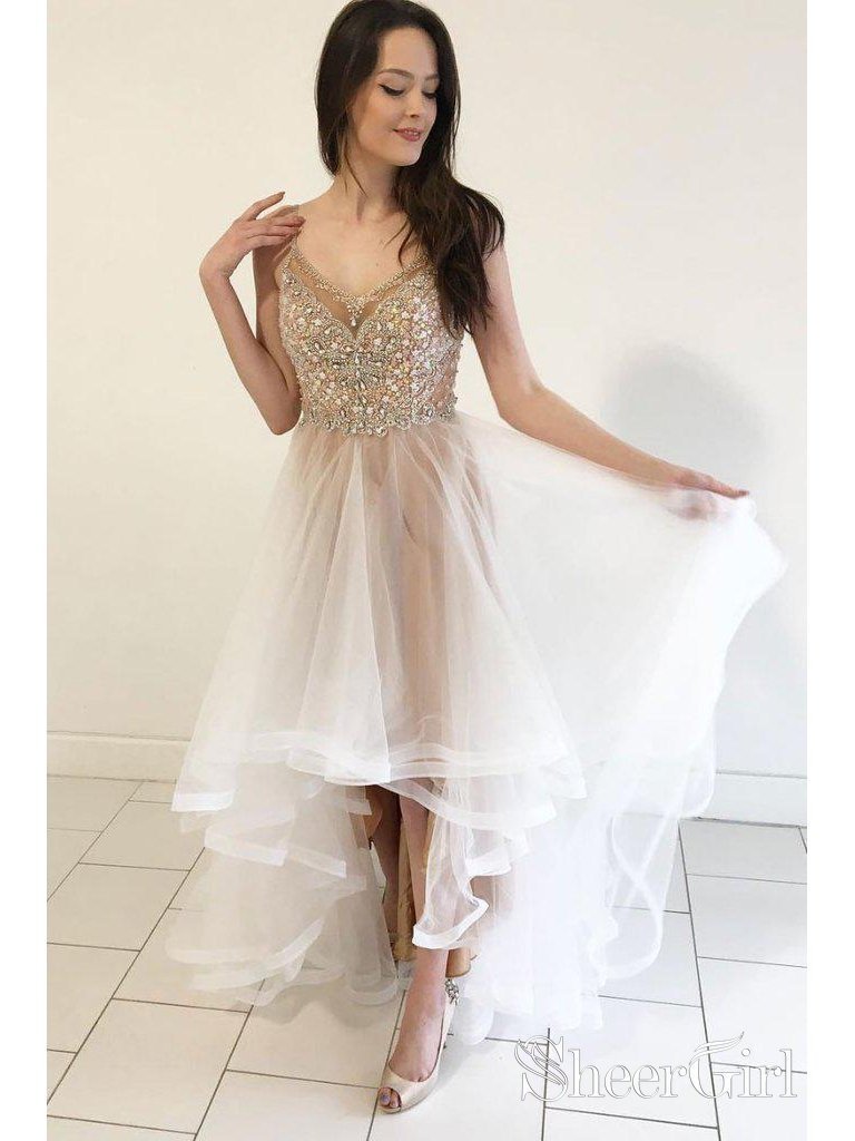 High Low Organza Beaded Prom Dresses Elegant Shinny Formal Evening Dress SheerGirl High Low Organza Beaded Prom Dresses Elegant Shinny Formal Evening Dress SheerGirl