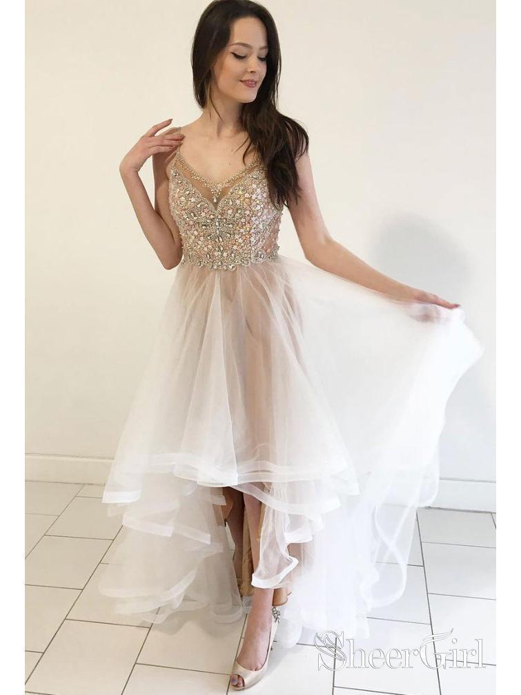 embellished high low chiffon dress Chiffon High Low Sheath Pleated Prom Dress Featuring Plunge V Illusion Bodice With Beaded