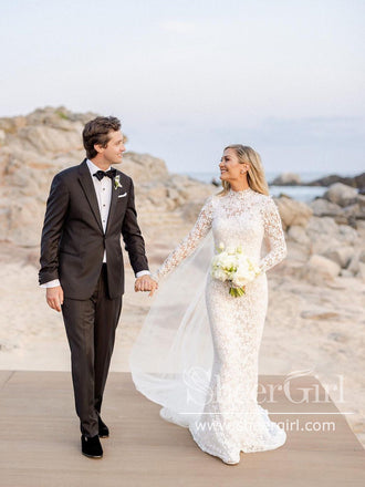 High Neck Boho Delicated Lace Wedding Dresses Vintage Sheath Wedding Dress with Long Sleeves AWD1948-SheerGirl