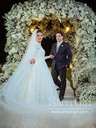 High Neck Boho Lace Long Sleeves Bridal Dress Ball Gown Wedding Dress AWD1930-SheerGirl