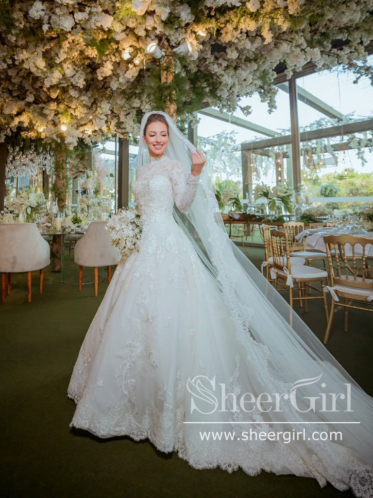 High Neck Boho Lace Long Sleeves Bridal Dress Ball Gown Wedding Dress AWD1930-SheerGirl