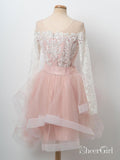 High Neck Pink Homecoming Dresses Long Sleeves Lace Hoco Dress with Sash APD3482-SheerGirl