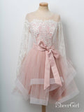 High Neck Pink Homecoming Dresses Long Sleeves Lace Hoco Dress with Sash APD3482-SheerGirl