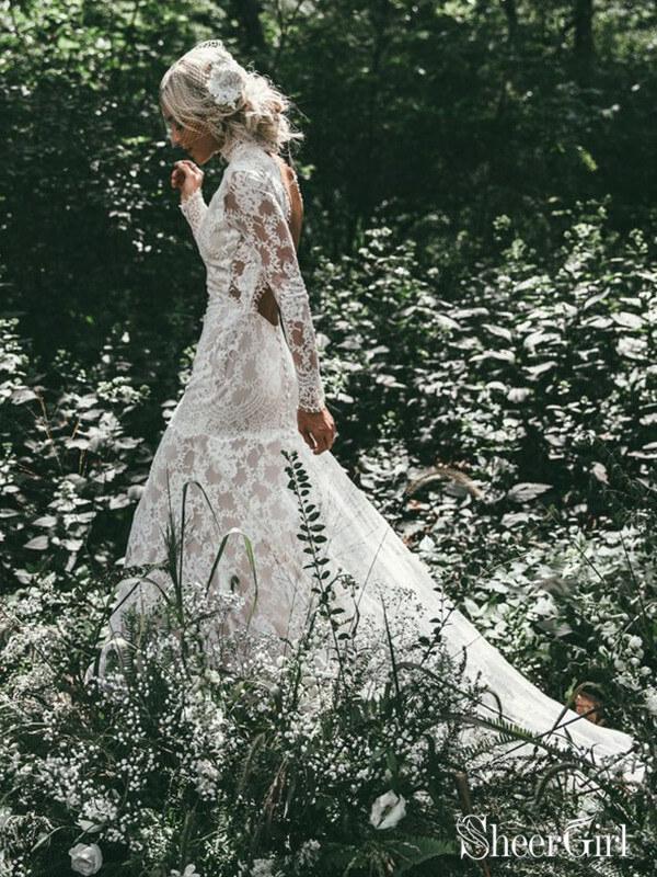 High Neck See Through Rustic Lace Wedding Dresses Vintage Sheath Wedding Dress AWD1244-SheerGirl