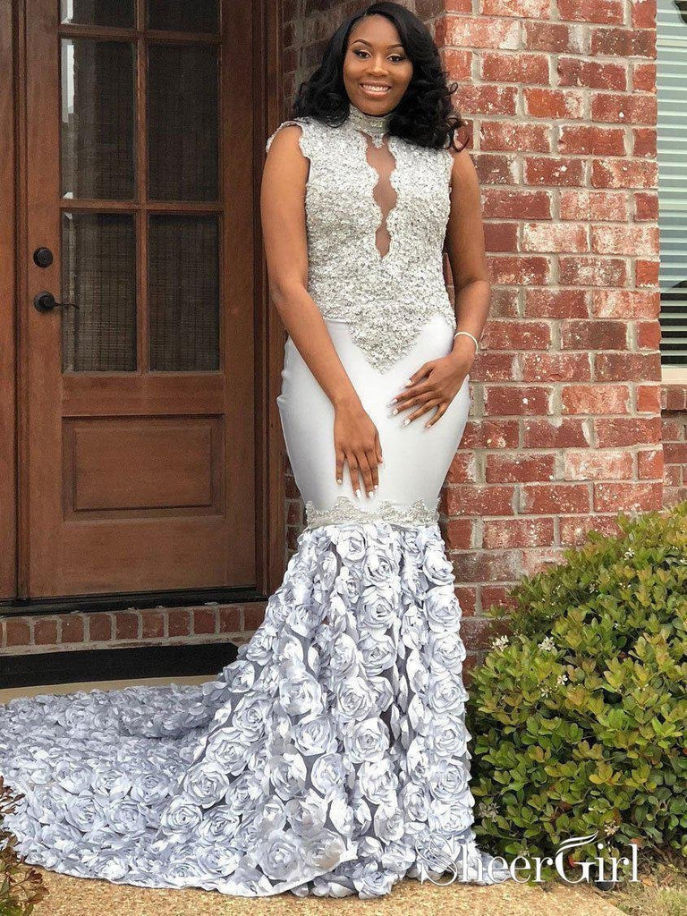 High Neck Silver Mermaid Prom Dresses Lace Appliqued Backless Formal Ballgown APD3365 High Neck Silver Mermaid Prom Dresses Lace Appliqued Backless Formal Ballgown APD3365