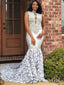 High Neck Silver Mermaid Prom Dresses Lace Appliqued Backless Formal Ballgown APD3365