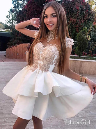 High Neck Vintage Gold Lace Applique Homecoming Dresses Ivory Princess Hoco Dress ARD1680-SheerGirl