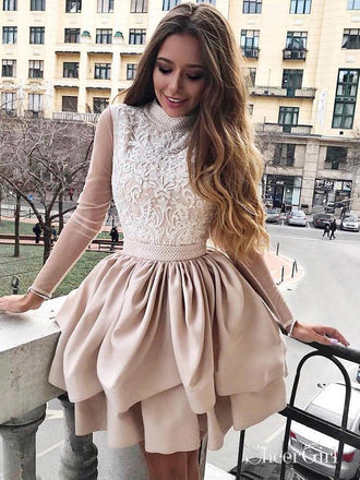 High Neck Vintage Homecoming Dresses Sheer Long Sleeve Mini Hoco Dress ARD1675-SheerGirl
