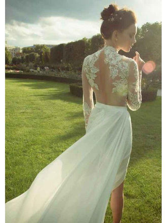 High Neck Vintage Wedding Dresses Long Sleeve Lace Beach Wedding Dress AWD1148-SheerGirl