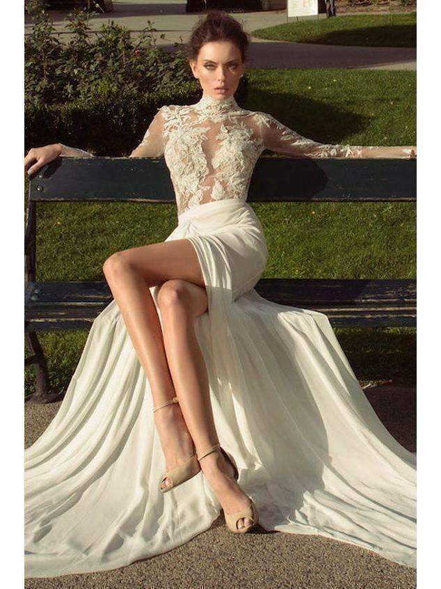 High Neck Vintage Wedding Dresses Long Sleeve Lace Beach Wedding Dress AWD1148-SheerGirl
