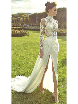 High Neck Vintage Wedding Dresses Long Sleeve Lace Beach Wedding Dress AWD1148-SheerGirl