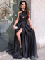 Večerní šaty s vysokým rozparkem a překříženým plisovaným živůtkem Halter Černé plesové šaty ARD2441