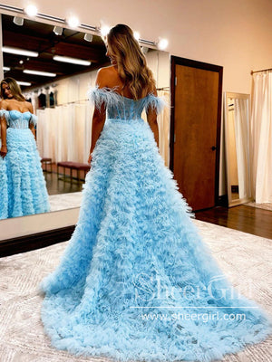 High Slit Off-The-Shoulder Sleeves Pleated Tulle Ball Gown Strapless Prom Dress ARD2721-SheerGirl