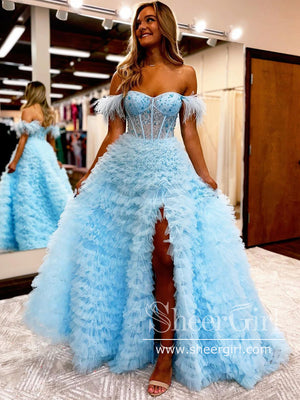High Slit Off-The-Shoulder Sleeves Pleated Tulle Ball Gown Strapless Prom Dress ARD2721-SheerGirl