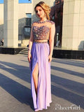 High Split Two Pieces Lilac Prom Dresses Illusional Neckline Sequins and Chiffon Evening Dresses ARD2456-SheerGirl