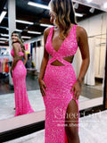 Hot Pink Crossed Bodice High Slit Party Dress Mermaid Long Prom Dress ARD2917-SheerGirl
