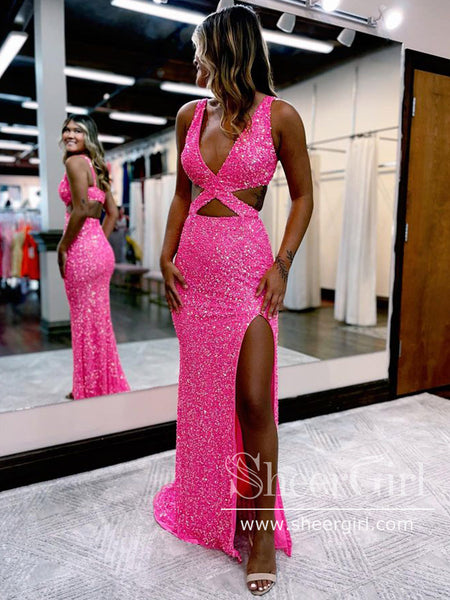 Hot Pink Crossed Bodice High Slit Party Dress Mermaid Long Prom Dress ARD2917 Hot Pink Crossed Bodice High Slit Party Dress Mermaid Long Prom Dress ARD2917