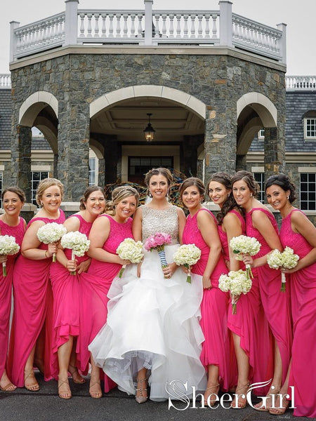 Hot Pink Lace Chiffon Bridesmaid Dresses Pleats Floor Length Bridesmaid Gowns ARD2468 Hot Pink Lace Chiffon Bridesmaid Dresses Pleats Floor Length Bridesmaid Gowns ARD2468