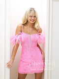 Hot Pink Lace Homecoming Dress Off the Shoulder Short Dresses with Feather ARD2913-SheerGirl