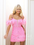 Hot Pink Lace Homecoming Dress Off the Shoulder Short Dresses with Feather ARD2913-SheerGirl