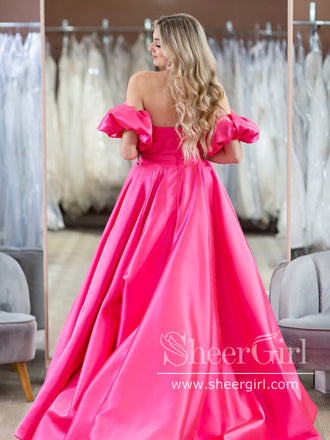 Hot Pink Puff Sleeves Off the Shoulder Simple Prom Dresses Party Dress Evening Dress ARD2897-SheerGirl