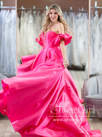 Hot Pink Puff Sleeves Off the Shoulder Simple Prom Dresses Party Dress Evening Dress ARD2897-SheerGirl