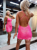 Hot Pink Sparkly Short Prom Dress Backless Sequins Homecoming Dress ARD2796-SheerGirl