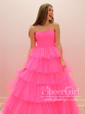 Hot Pink Strapless Ruffle Tulle Floor Length Ball Gown Tiered Tulle Prom Dress ARD2910-SheerGirl