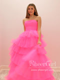 Hot Pink Strapless Ruffle Tulle Floor Length Ball Gown Tiered Tulle Prom Dress ARD2910-SheerGirl