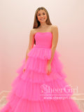 Hot Pink Strapless Ruffle Tulle Floor Length Ball Gown Tiered Tulle Prom Dress ARD2910-SheerGirl