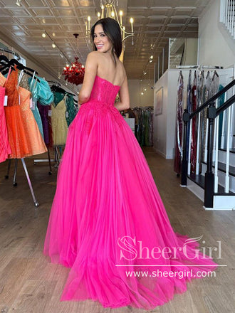 Hot Pink Strapless Tiered Tulle Floor Length Ball Gown Lace Bodice Prom Dress ARD2921-SheerGirl