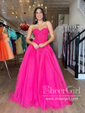 Hot Pink Strapless Tiered Tulle Floor Length Ball Gown Lace Bodice Prom Dress ARD2921-SheerGirl