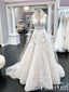 Svatební šaty Illusion Deep V Neck Aplikované svatební šaty Slonovinová Organza Krajkové Svatební šaty AWD1657 