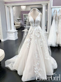 Illusion Deep V Neck Appliqued Wedding Gown Ivory Organze Lace Wedding Dress AWD1657-SheerGirl