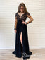 Černé společenské šaty s dlouhým rukávem Illusion Sexy šifonové dlouhé plesové šaty s vysokým rozparkem ARD2537 