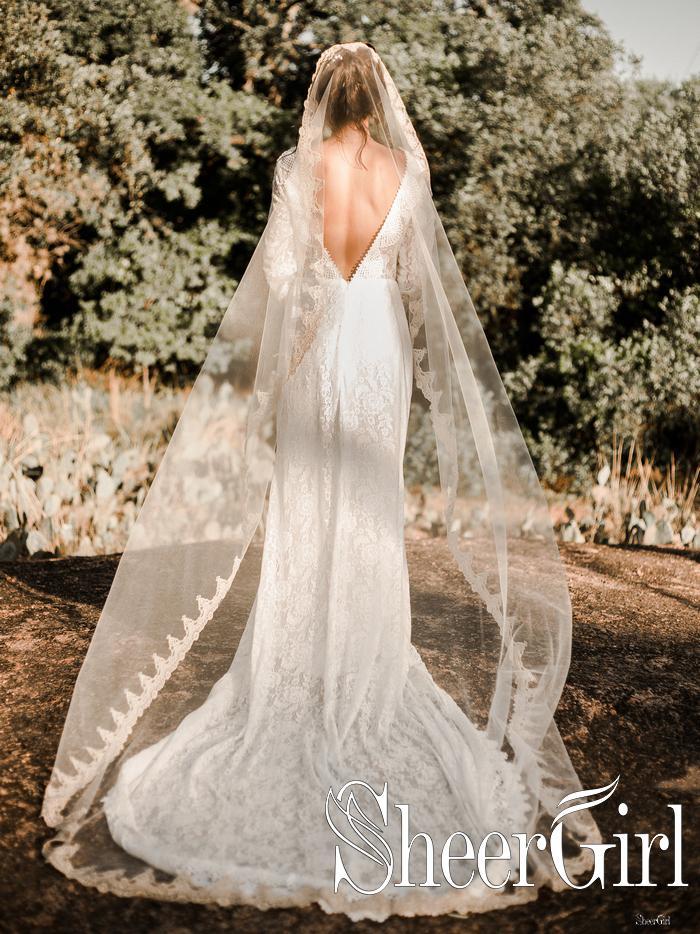 Illusion Neckline Ivory Lave Wedding Dress Long Sleeves Sheath Bridal Dress AWD1647-SheerGirl