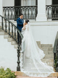 Illusion Neckline Trumpet Sleeves Tulle Bridal Dress Vintage Lace Wedding Dress AWD1943-SheerGirl