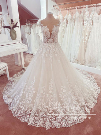 Illusion Neckline Vintage Lace Ball Gown Wedding Dress AWD1862-SheerGirl