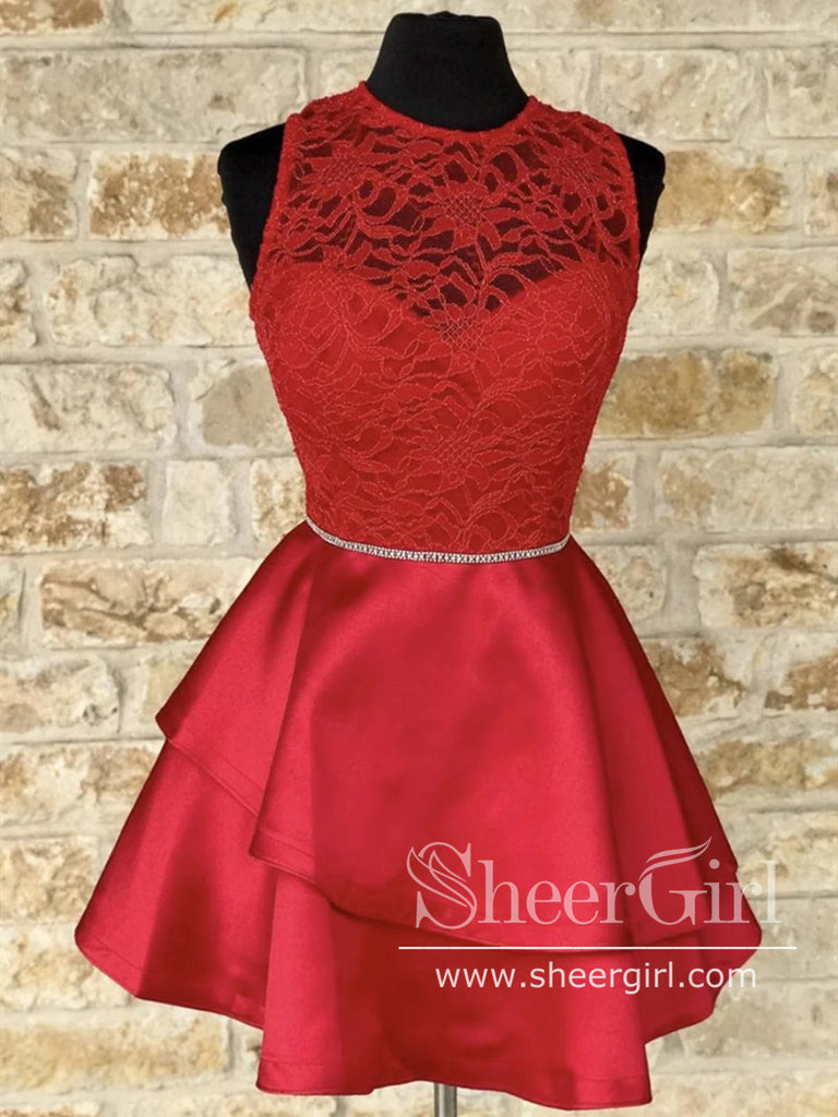 Illustion Neck Lace Short Party Dress Red Satin Homecoming Dress ARD2826-SheerGirl