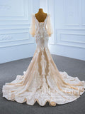 Illustion Neck Puffy Sleeved Mermaid Wedding Dress with Re-embroidery and Feather Decoration AWD1797-SheerGirl