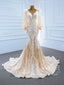 Vestido de novia sirena con mangas abullonadas y cuello de ilusión con bordado y decoración de plumas AWD1797 