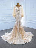 Illustion Neck Puffy Sleeved Mermaid Wedding Dress with Re-embroidery and Feather Decoration AWD1797-SheerGirl