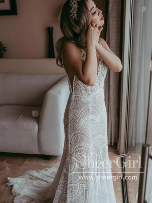 Intricately Lace Mermaid Gown with Sweetheart Neckline Chapel Train Wedding Dress AWD1779-SheerGirl