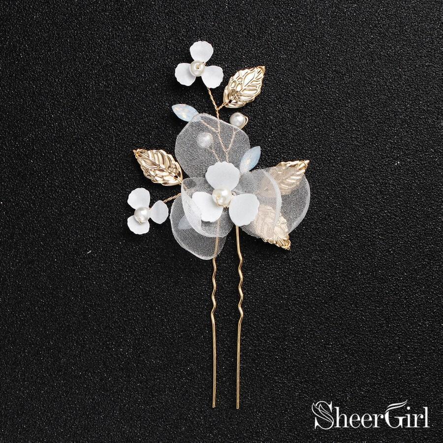 Ivory 3D Floral Hairpins with Crystals and Gold Leaves ACC1159-SheerGirl