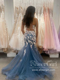 Ivory Appliqued Dusty Blue Tulle Mermaid Prom Dress Formal Dress Backless Prom Gown ARD2918-SheerGirl